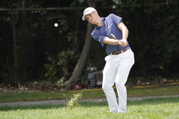 Justin Thomas hits on the first hole during the second round of the BMW Championship golf tournament, Friday, Aug. 28, 2020, at Olympia Fields Country Club in Olympia Fields, Ill. (AP Photo/Charles Rex Arbogast)