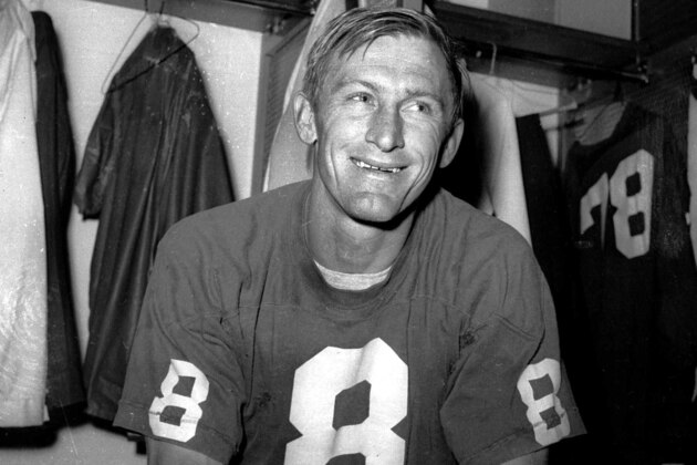 Larry Wilson, the St Louis Cardinals Safety who ended Dallas quarterback Don Meredith's string of 156 passes without an interception, Oct. 19, 1966, led the National Football League in interceptions on that date.  He is shown in the locker room in St Louis the same day. (AP Photo/FOW)