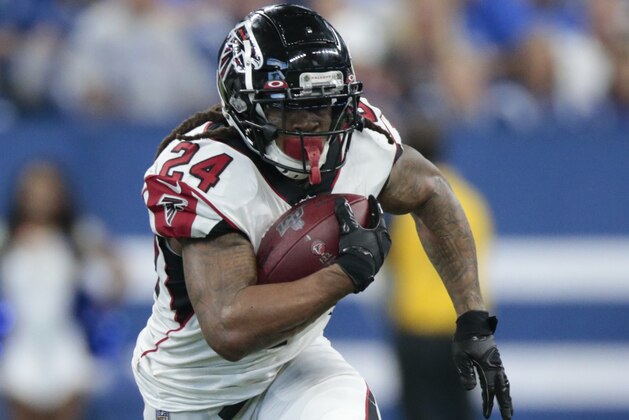 Atlanta Falcons running back Devonta Freeman (24) runs during the second half of an NFL football game against the Indianapolis Colts, Sunday, Sept. 22, 2019, in Indianapolis. (AP Photo/AJ Mast)
