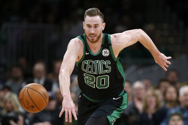 Boston Celtics' Gordon Hayward plays against the Houston Rockets during an NBA basketball game in Boston, Saturday, Feb. 29, 2020. (AP Photo/Michael Dwyer)