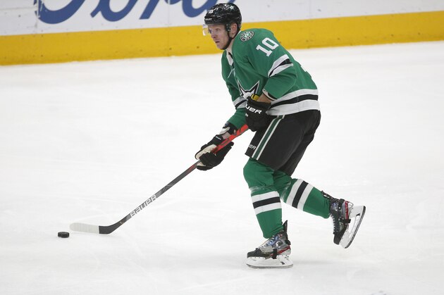 Dallas Stars right wing Corey Perry (10) controls the puck against the Nashville Predators during the first period of an NHL hockey game Saturday, March 7, 2020, in Dallas. (AP Photo/Ron Jenkins)