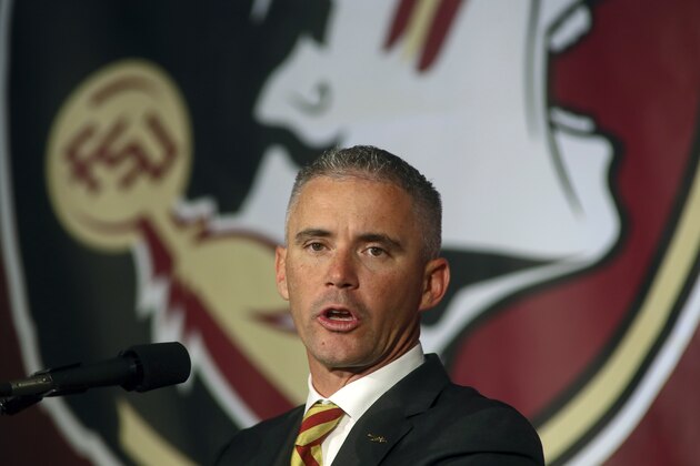 Florida State head football coach Mike Norvell speaks at a press conference Sunday, Dec. 8, 2019, in Tallahassee, Fla. Norvell is Florida State's new coach, taking over a Seminoles program that has struggled while he was helping to build Memphis into a Group of Five power. (AP Photo/Phil Sears)
