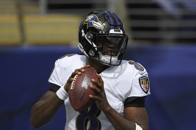 Baltimore Ravens quarterback Lamar Jackson warms up before an NFL football game against the Cleveland Browns, Sunday, Sept. 13, 2020, in Baltimore. (AP Photo/Nick Wass)