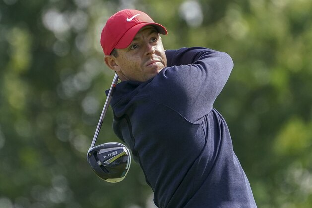 Rory McIlroy, of Northern Ireland, plays his shot from the sixth tee during the second round of the US Open Golf Championship, Friday, Sept. 18, 2020, in Mamaroneck, N.Y. (AP Photo/John Minchillo)