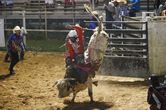Marcel Atman competes in the Bull Riding event at the 65th annual Okmulgee Roy LeBlanc Invitational Rodeo, the nation's oldest all-black professional rodeo event, in Okmulgee, Okla., Saturday, Aug. 8, 2020. (AP Photo/Sue Ogrocki)