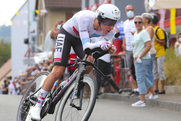 CORRECTS TO PART OF RACE    Slovenia's Tadej Pogacar in action during stage 20 of the Tour de France cycling race, an individual time trial over 36.2 kilometers (22.5 miles), from Lure to La Planche des Belles Filles, France, Saturday, Sept. 19, 2020. (AP Photo/Thibault Camus)