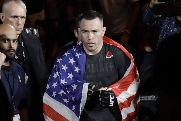 Colby Covington arrives for a welterweight mixed martial arts bout against Robbie Lawler at UFC Fight Night Saturday, Aug. 3, 2019, in Newark, N.J. Guida stopped Miller in the first round. (AP Photo/Frank Franklin II)