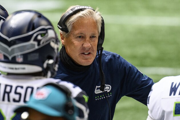 Seattle Seahawks head coach Pete Carroll reacts during the first half of an NFL football game against the Atlanta Falcons, Sunday, Sept. 13, 2020, in Atlanta. The Seattle Seahawks won 38-25. (AP Photo/Danny Karnik)