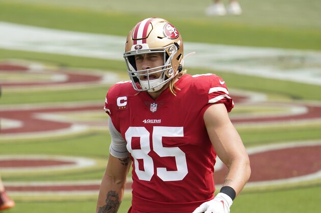 San Francisco 49ers tight end George Kittle (85) before an NFL football game against the Arizona Cardinals in Santa Clara, Calif., Sunday, Sept. 13, 2020. (AP Photo/Tony Avelar)