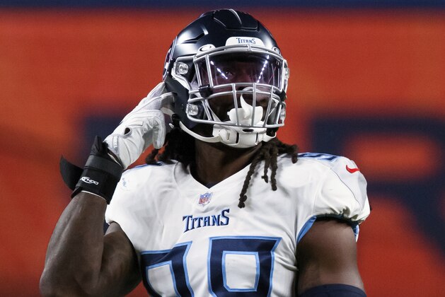 Tennessee Titans defensive end Jadeveon Clowney (99) stands on the field against the Denver Broncos during the first half of an NFL football game, Monday, Sept. 14, 2020, in Denver. (AP Photo/Justin Edmonds)