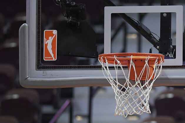 The WNBA logo and hoop are seen at a WNBA basketball game at Mohegan Sun Arena, Tuesday, May 14, 2019, in Uncasville, Conn. (AP Photo/Jessica Hill)