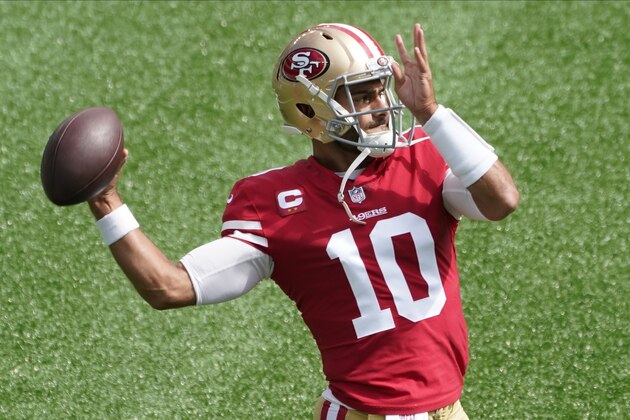 San Francisco 49ers quarterback Jimmy Garoppolo (10) warms up before an NFL football game against the New York Jets Sunday, Sept. 20, 2020, in East Rutherford, N.J. (AP Photo/Corey Sipkin)