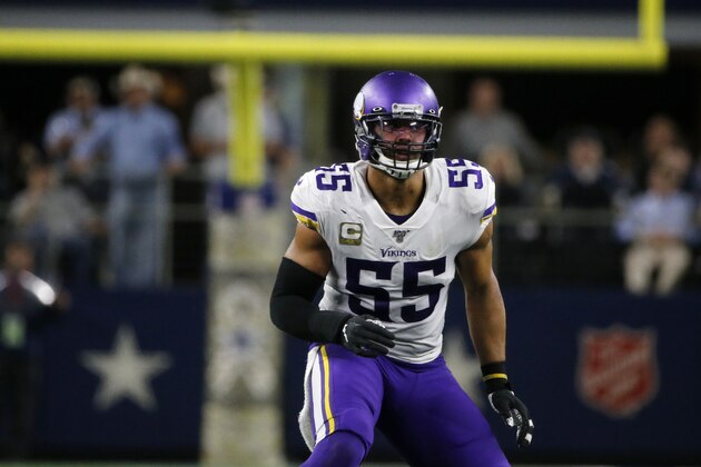 Minnesota Vikings outside linebacker Anthony Barr (55) drops into coverage against the Dallas Cowboys during an NFL football game in Arlington, Texas, Sunday, Nov. 10, 2019. (AP Photo/Michael Ainsworth)