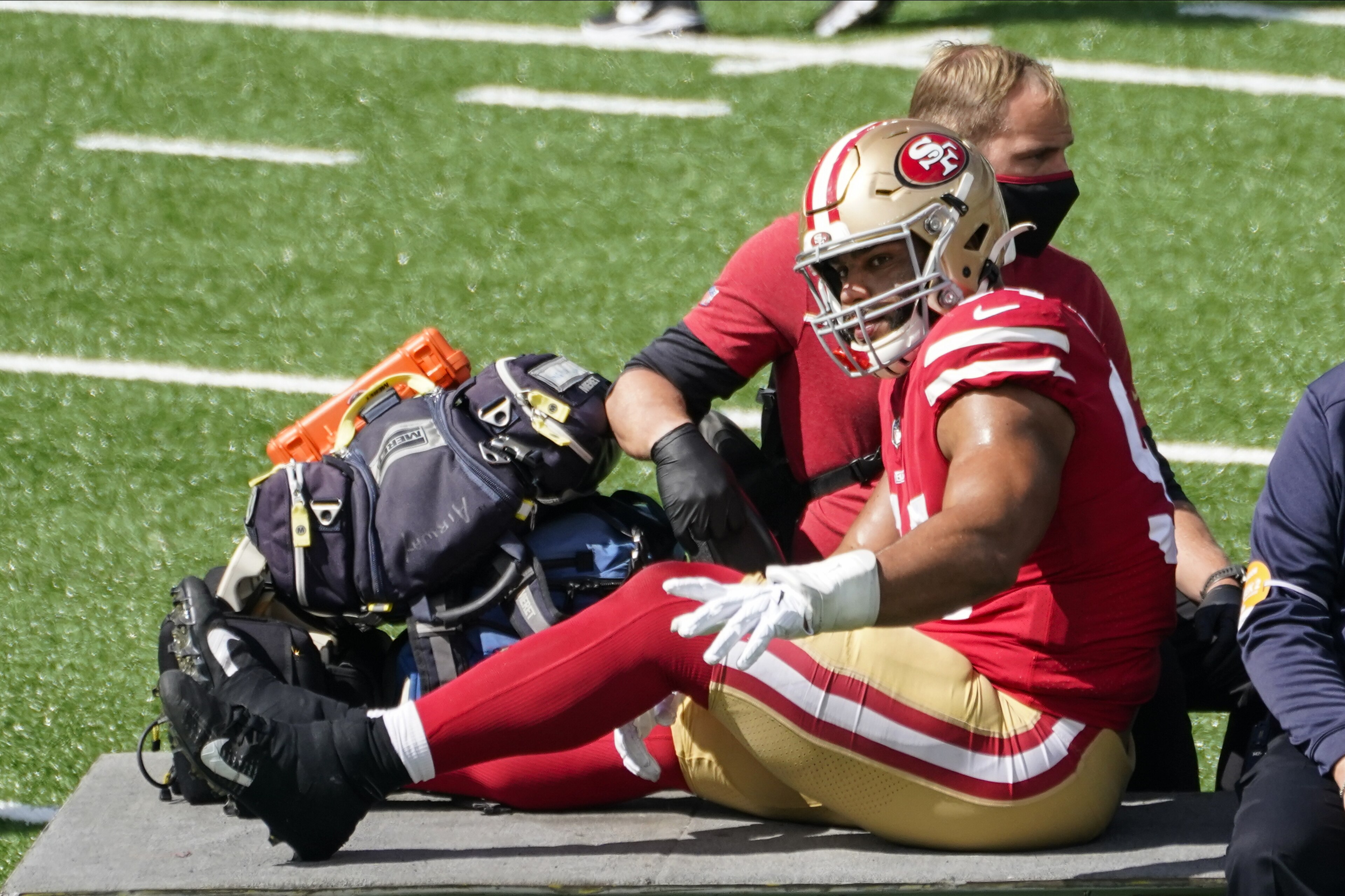 San Francisco 49ers' Solomon Thomas (94) is carted off the field during the first half of an NFL football game against the New York Jets, Sunday, Sept. 20, 2020, in East Rutherford, N.J. (AP Photo/Corey Sipkin) San Francisco 49ers' Solomon Thomas (94) is carted off the field during the first half of an NFL football game against the New York Jets, Sunday, Sept. 20, 2020, in East Rutherford, N.J. (AP Photo/Corey Sipkin)