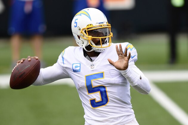 Los Angeles Chargers quarterback Tyrod Taylor (5) passes the ball during an NFL football game against the Cincinnati Bengals, Sunday, Sept. 13, 2020, in Cincinnati. (AP Photo/Emilee Chinn)