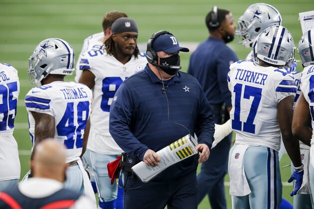 Dallas Cowboys head coach Mike McCarthy looks on during an NFL football game against the Atlanta Falcons, Sunday, Sept. 20, 2020, in Arlington, Texas. Dallas won 40-39. (AP Photo/Brandon Wade) Dallas Cowboys head coach Mike McCarthy looks on during an NFL football game against the Atlanta Falcons, Sunday, Sept. 20, 2020, in Arlington, Texas. Dallas won 40-39. (AP Photo/Brandon Wade)