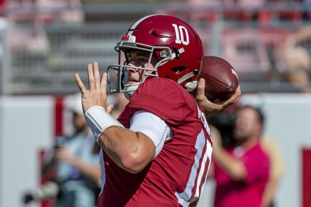 Alabama quarterback Mac Jones (10) warms up before an NCAA college football game against Southern Miss, Saturday, Sept. 21, 2019, in Tuscaloosa, Ala. (AP Photo/Vasha Hunt)