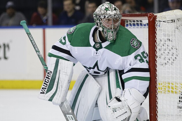 Dallas Stars goaltender Anton Khudobin (35) protects his net during the second period of an NHL hockey game against the New York Rangers Monday, Feb. 3, 2020, in New York. (AP Photo/Frank Franklin II)