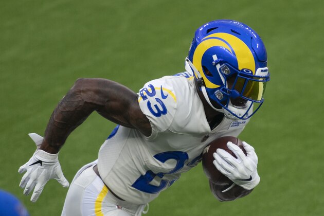 Los Angeles Rams running back Cam Akers during an NFL football practice Saturday, Aug. 22, 2020, in Inglewood, Calif. (AP Photo/Kyusung Gong)
