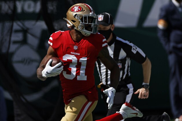 San Francisco 49ers running back Raheem Mostert (31) runs for a touchdown against the New York Jets during an NFL football game, Sunday, Sept. 20, 2020, in East Rutherford, N.J. (AP Photo/Adam Hunger)