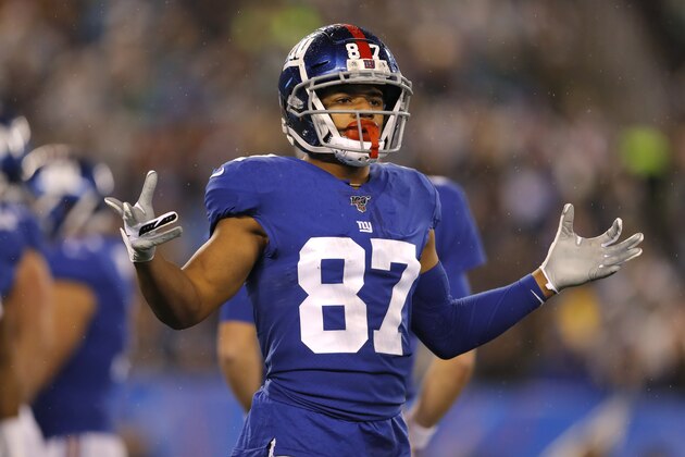 New York Giants wide receiver Sterling Shepard (87) reacts to a play in the first half of an NFL football game against the Philadelphia Eagles, Sunday, Dec. 29, 2019, in East Rutherford, N.J. (AP Photo/Adam Hunger)