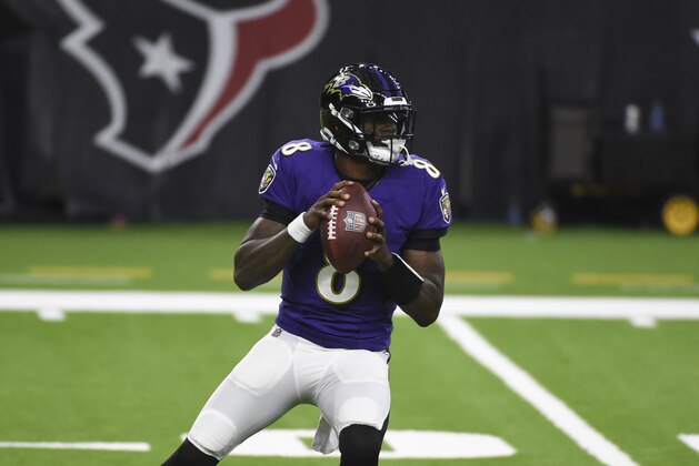 Baltimore Ravens quarterback Lamar Jackson throws a pass during the first half of an NFL football game against the Houston Texans Sunday, Sept. 20, 2020, in Houston. (AP Photo/Eric Christian Smith)