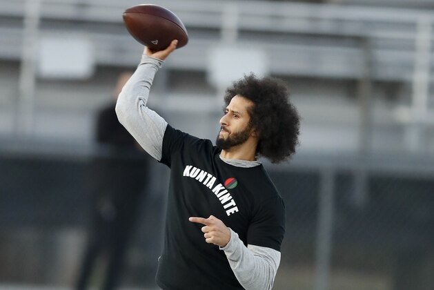 Free agent quarterback Colin Kaepernick participates in a workout for NFL football scouts and media, Saturday, Nov. 16, 2019, in Riverdale, Ga. (AP Photo/Todd Kirkland)