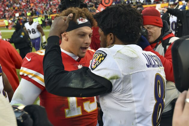 Kansas City Chiefs quarterback Patrick Mahomes, left, meets with Baltimore Ravens quarterback Lamar Jackson following an NFL football game in Kansas City, Mo., Sunday, Dec. 9, 2018. (AP Photo/Ed Zurga) Kansas City Chiefs quarterback Patrick Mahomes, left, meets with Baltimore Ravens quarterback Lamar Jackson following an NFL football game in Kansas City, Mo., Sunday, Dec. 9, 2018. (AP Photo/Ed Zurga)