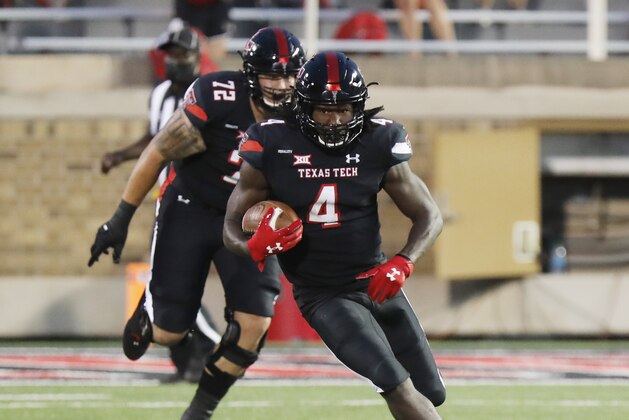 Texas Tech running back Sarodorick Thompson in action during an NCAA college football game, Saturday, Sept. 12, 2020, in Lubbock, Texas. The Texas Tech Red Raiders played the Houston Baptist Huskies in Jones AT&T Stadium. (AP Photo/Mark Rogers)