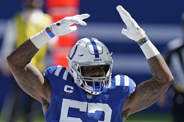 Indianapolis Colts' Darius Leonard (53) celebrates during the first half of an NFL football game against the Minnesota Vikings, Sunday, Sept. 20, 2020, in Indianapolis. (AP Photo/Michael Conroy)