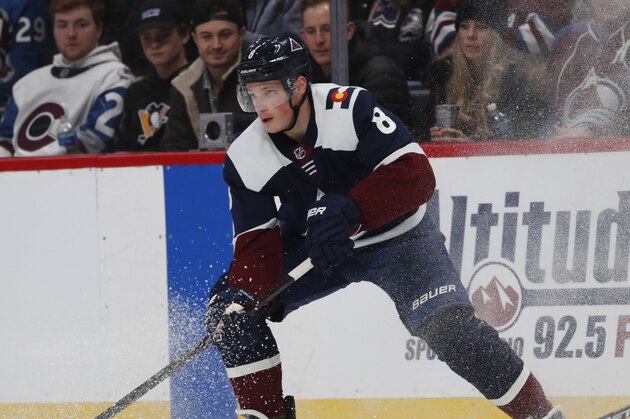 Colorado Avalanche defenseman Cale Makar (8) in the first period of an NHL hockey game Friday, Dec. 27, 2019, in Denver. (AP Photo/David Zalubowski)