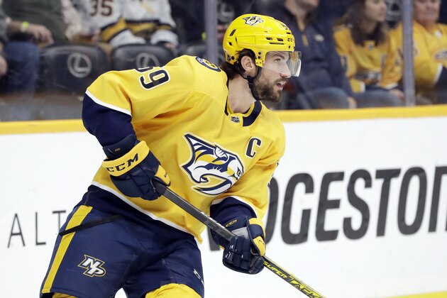Nashville Predators defenseman Roman Josi, of Switzerland, plays against the Dallas Stars in the first period of an NHL hockey game Thursday, March 5, 2020, in Nashville, Tenn. (AP Photo/Mark Humphrey)