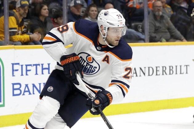 Edmonton Oilers center Leon Draisaitl, of Germany, plays against the Nashville Predators in the second period of an NHL hockey game Monday, March 2, 2020, in Nashville, Tenn. (AP Photo/Mark Humphrey) Edmonton Oilers center Leon Draisaitl, of Germany, plays against the Nashville Predators in the second period of an NHL hockey game Monday, March 2, 2020, in Nashville, Tenn. (AP Photo/Mark Humphrey)