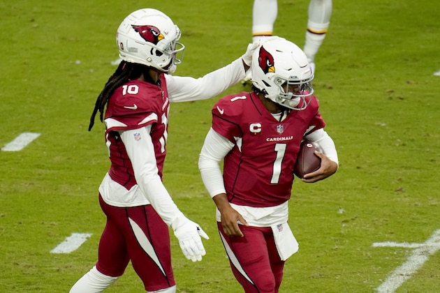 Arizona Cardinals quarterback Kyler Murray (1) celebrates his touchdown run with wide receiver DeAndre Hopkins (10) during the first half of an NFL football game against the Washington Football Team, Sunday, Sept. 20, 2020, in Glendale, Ariz. (AP Photo/Ross D. Franklin) Arizona Cardinals quarterback Kyler Murray (1) celebrates his touchdown run with wide receiver DeAndre Hopkins (10) during the first half of an NFL football game against the Washington Football Team, Sunday, Sept. 20, 2020, in Glendale, Ariz. (AP Photo/Ross D. Franklin)