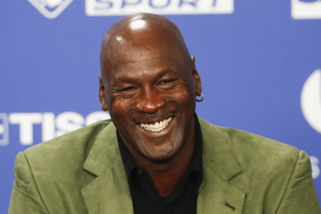 Former basketball superstar Michael Jordan speaks during a press conference ahead of NBA basketball game between Charlotte Hornets and Milwaukee Bucks in Paris, Friday, Jan. 24, 2020. (AP Photo/Thibault Camus))