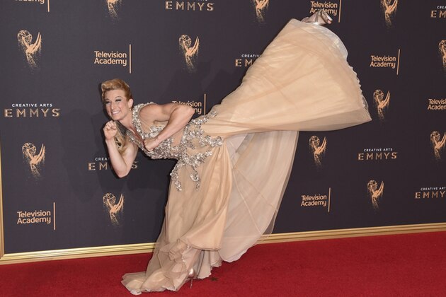 Jessie Graff arrives at night one of the Creative Arts Emmy Awards at the Microsoft Theater on Saturday, Sept. 9, 2017, in Los Angeles. (Photo by Richard Shotwell/Invision/AP)