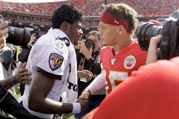 Kansas City Chiefs quarterback Patrick Mahomes, right, and Baltimore Ravens quarterback Lamar Jackson (8) greet each other after their NFL football game Sunday, Sept. 22, 2019, in Kansas City, Mo. (AP Photo/Charlie Riedel) Kansas City Chiefs quarterback Patrick Mahomes, right, and Baltimore Ravens quarterback Lamar Jackson (8) greet each other after their NFL football game Sunday, Sept. 22, 2019, in Kansas City, Mo. (AP Photo/Charlie Riedel)
