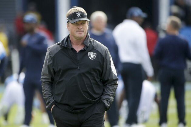 Oakland Raiders head coach Jon Gruden watches during warm ups before an NFL football game against the Los Angeles Chargers Sunday, Dec. 22, 2019, in Carson, Calif. (AP Photo/Marcio Jose Sanchez)