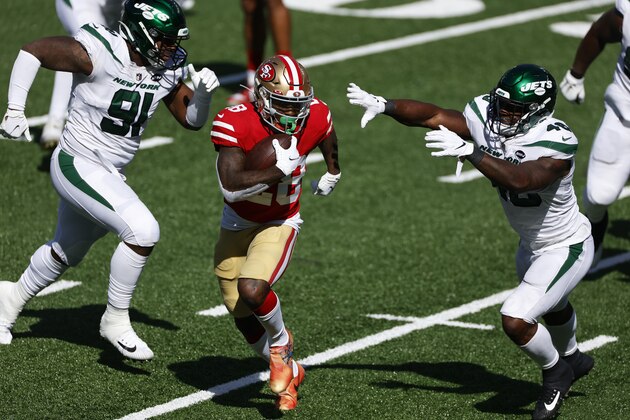 San Francisco 49ers running back Jerick McKinnon (28) rushes against the New York Jets during an NFL football game, Sunday, Sept. 20, 2020, in East Rutherford, N.J. (AP Photo/Adam Hunger)