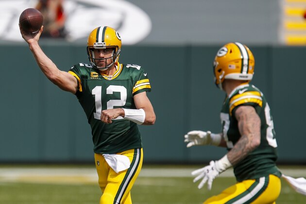 Green Bay Packers' Aaron Rodgers throws to Jace Sternberger during the first half of an NFL football game against the Detroit Lions Sunday, Sept. 20, 2020, in Green Bay, Wis. (AP Photo/Matt Ludtke)