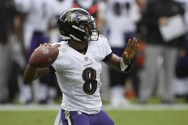 Baltimore Ravens quarterback Lamar Jackson (8) looks to pass during an NFL football game against the Cleveland Browns, Sunday, Sept. 13, 2020, in Baltimore. (AP Photo/Nick Wass) Baltimore Ravens quarterback Lamar Jackson (8) looks to pass during an NFL football game against the Cleveland Browns, Sunday, Sept. 13, 2020, in Baltimore. (AP Photo/Nick Wass)