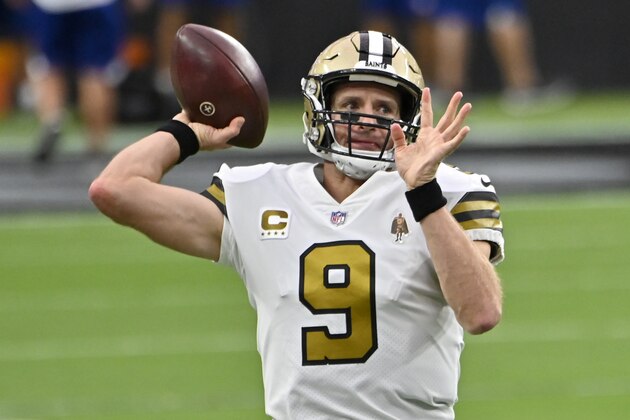 New Orleans Saints quarterback Drew Brees (9) warms up prior to an NFL football game against the Las Vegas Raiders, Monday, Sept. 21, 2020, in Las Vegas. (AP Photo/David Becker)