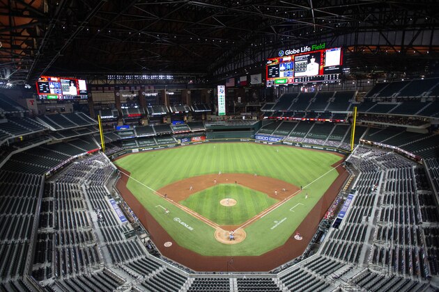 Globe Life Field is viewed during the fifth inning of a baseball game between the Texas Rangers and the Los Angeles Dodgers, Saturday, Aug. 29, 2020, in Arlington, Texas. (AP Photo/Jeffrey McWhorter)