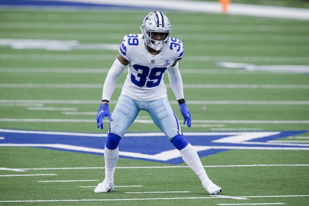 Dallas Cowboys cornerback Brandon Carr (39) defends during an NFL football game against the Atlanta Falcons, Sunday, Sept. 20, 2020, in Arlington, Texas. Dallas won 40-39. (AP Photo/Brandon Wade)