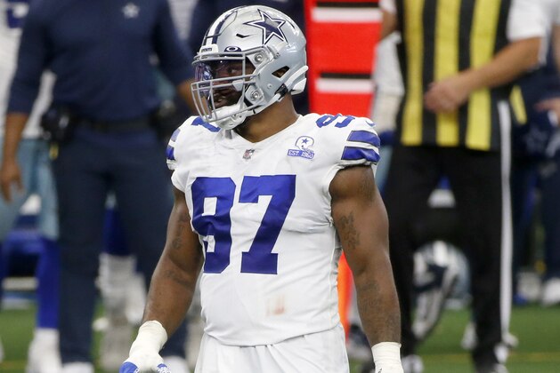Dallas Cowboys defensive end Everson Griffen (97) defends against the Atlanta Falcons during the third quarter of an NFL Football game in Arlington, Texas, Sunday, Sept. 20, 2020. (AP Photo/Michael Ainsworth)