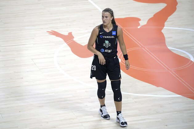 New York Liberty guard Sabrina Ionescu (20) sets up for a play during the first half of a WNBA basketball game against the Seattle Storm, Saturday, July 25, 2020, in Bradenton, Fla. (AP Photo/Phelan M. Ebenhack)