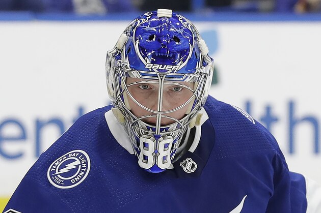 Tampa Bay Lightning goaltender Andrei Vasilevskiy (88) during the third period of an NHL hockey game against the Montreal Canadiens Thursday, March 5, 2020, in Tampa, Fla. (AP Photo/Chris O'Meara) Tampa Bay Lightning goaltender Andrei Vasilevskiy (88) during the third period of an NHL hockey game against the Montreal Canadiens Thursday, March 5, 2020, in Tampa, Fla. (AP Photo/Chris O'Meara)
