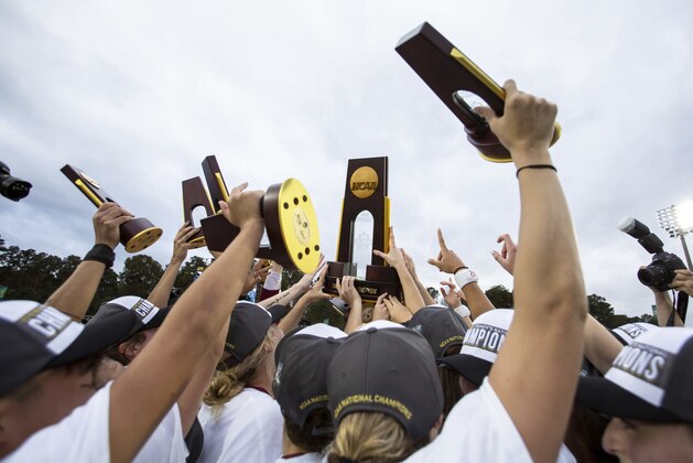 The Florida State Women's soccer team celebrates their victory over North Carolina in the NCAA women's soccer championship game in Cary, N.C., Sunday, Dec. 2, 2018. (AP Photo/Ben McKeown)