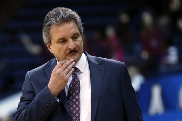 FILE - In this March 12, 2017, file photo, Texas State coach Danny Kaspar reacts during the first half of the team's NCAA college basketball game against Troy for the Sun Belt tournament title in New Orleans. Texas State ordered an investigation Friday, June 5, 2020, into a former basketball player's allegations of racist remarks by coach Danny Kaspar. (AP Photo/Gerald Herbert)