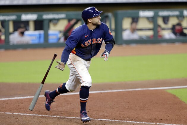 Houston Astros' George Springer flips his bat as he watches his second home run ball during the seventh inning of a baseball game against the Arizona Diamondbacks Sunday, Sept. 20, 2020, in Houston. (AP Photo/Michael Wyke) Houston Astros' George Springer flips his bat as he watches his second home run ball during the seventh inning of a baseball game against the Arizona Diamondbacks Sunday, Sept. 20, 2020, in Houston. (AP Photo/Michael Wyke)